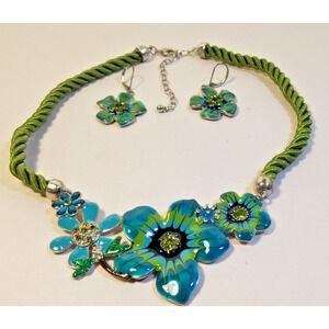 !SALE! Vtg Green & Turquoise Flower Rhinestone Dragon Fly Necklace & Earrings